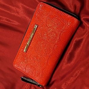 BETSEY JOHNSON Skull Embossed Zippy Wallet CUSTOM DYE neon PINK w rhines…